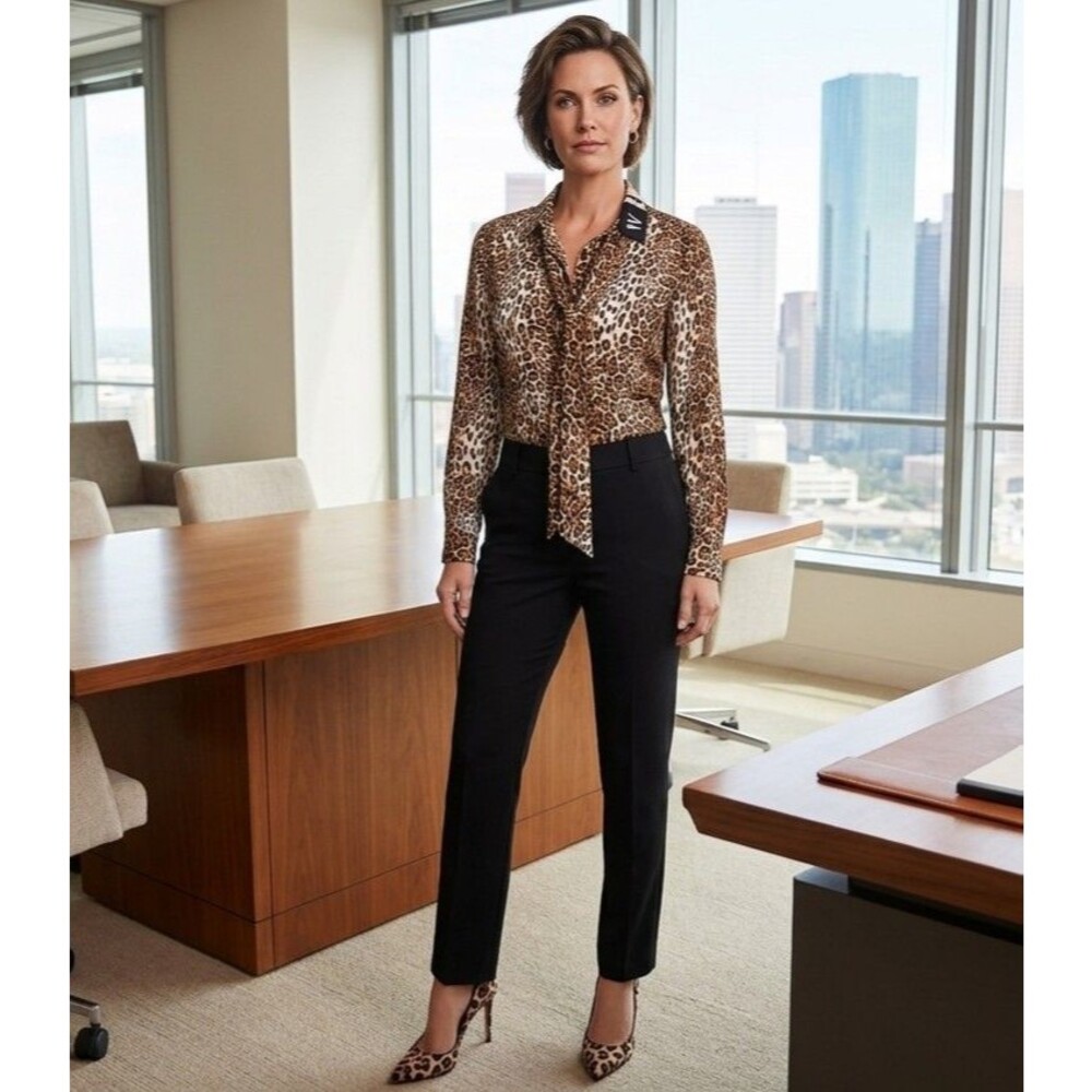 White House Black Market NWT Leopard Print Tie Button Long Sleeve Blouse Sz 6